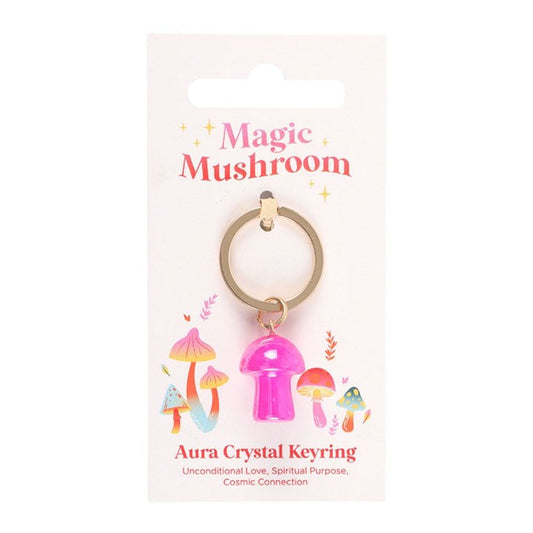 Pink Aura Crystal Mushroom Keyring